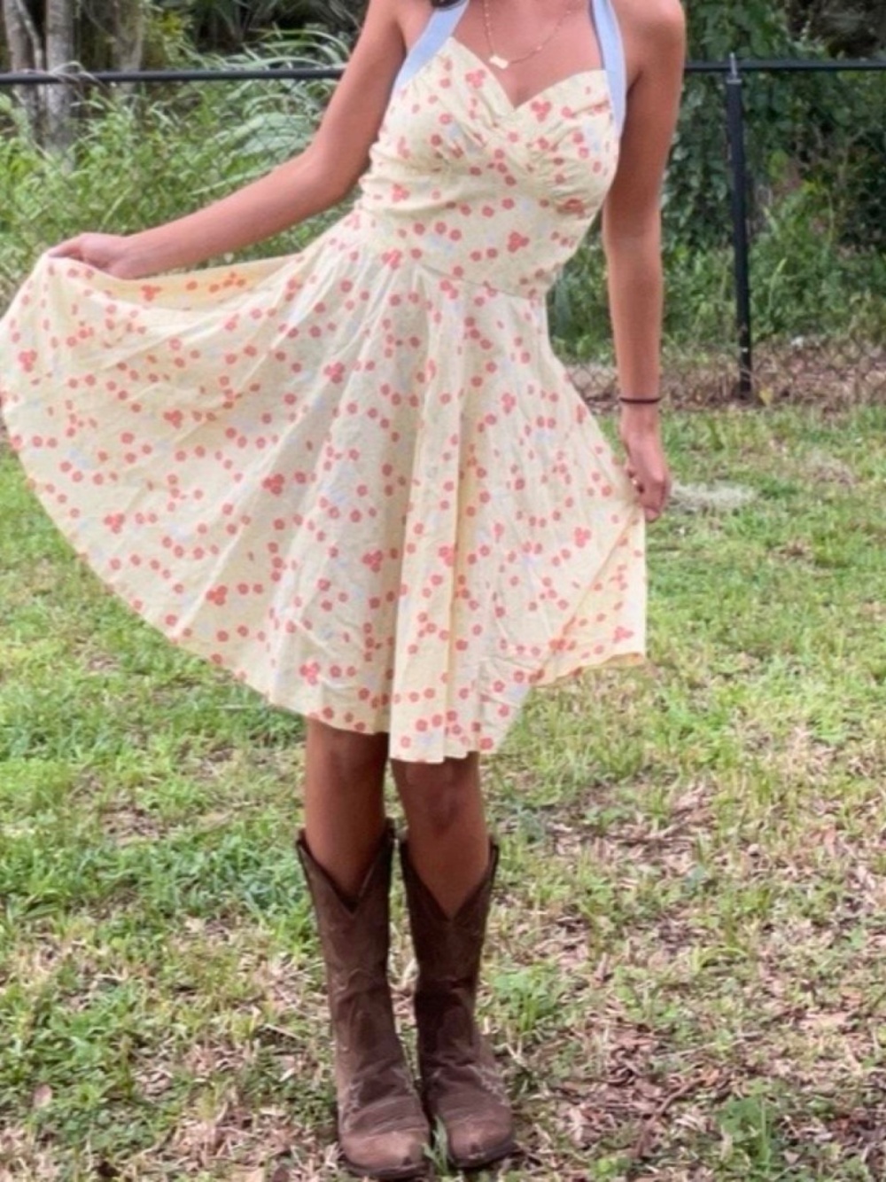 Yellow Floral Vintage Handmade Dress XS